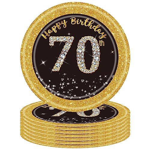 16 Stück 70. Geburtstag Pappteller Schwarz Gold,7 Zoll 17,8cm Happy 70th Birthday Schwarz-goldene Pappteller Einweg Deko 70. Geburtstag Partygeschirr für Männer Frauen 70. Geburtstag Party Dekoration von POPOYU