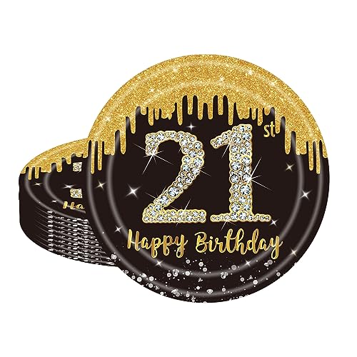 POPOYU 16 Stück Schwarz und Gold Pappteller 21. Geburtstag Party Tischdeko 22.86cm Pappteller Hochwertige Papptelle für Mann Frau Geburtstag Party Deko Partyzubehör zum Thema Schwarz Gold von POPOYU