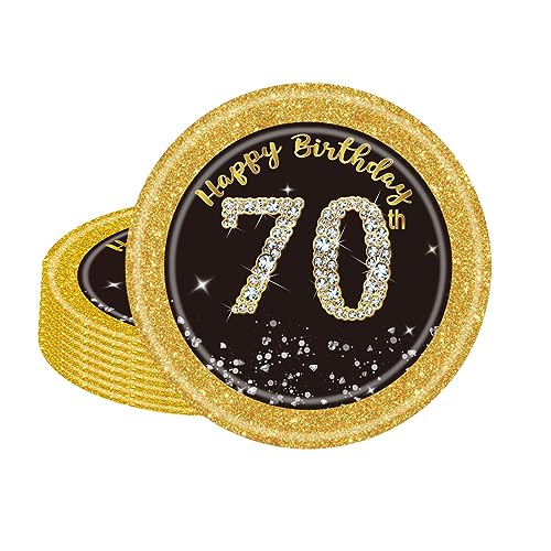 16 Stück Schwarz und Gold Pappteller 70. Geburtstag Party Tischdeko 17.78cm Einweg-Pappteller Hochwertige Papptelle für Mann Frau Geburtstag Party Deko Partyzubehör zum Thema Schwarz Gold von POPOYU