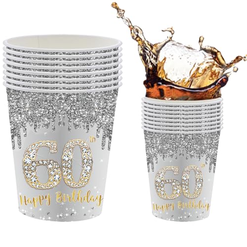 16 Stück Silber Gold Papierpbecher Tischdeko,60. Geburtstagsdeko Pappbecher,Glühweinbecher Pappe Kaffeebecher Trinkbecher für Mann Frau Geburtstag Party Deko,Partyzubehör zum Thema Silber Gold von POPOYU