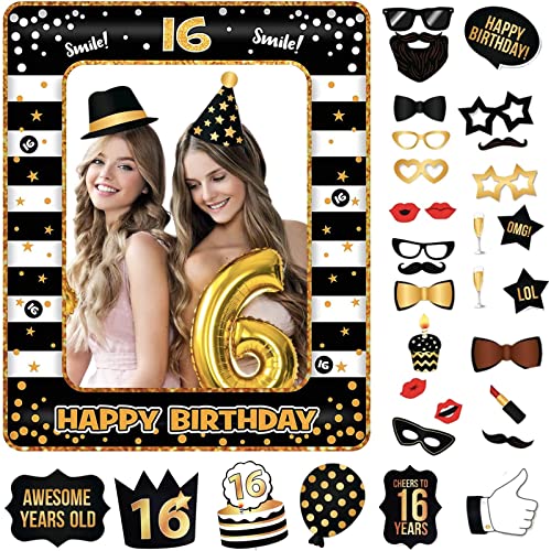 16th Foto Requisiten und aufblasbarer Rahmen,34 Stücke Fotobox Accessoires Fotokabine für 16.Geburtstagsfeier,Party Foto Booth Props Mix von Kappen,Weinglas,Lippen Stift,Krawatte,Kronen und mehr von POPOYU