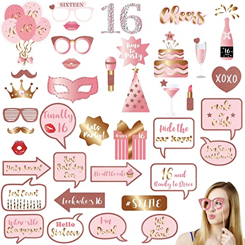 16th Foto Requisiten, 38 Stücke Fotobox Accessoires Fotokabine für 16.Geburtstagsfeier, Roségold Fotoautomat Requisiten Party Foto Booth Props Mix von Kappen, Weinglas, Lippen Stift, Fotoautomat 16th Foto Requisiten, 38 Stücke Fotobox Accessoires Fotokabine für 16.Geburtstagsfeier, Roségold Fotoautomat Requisiten Party Foto Booth Props Mix von Kappen, Weinglas, Lippen Stift, Fotoautomat von POPOYU