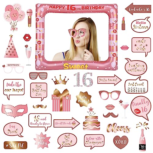 16th Foto Requisiten und Aufblasbarer Rahmen, 40 Stücke Fotobox Accessoires Fotokabine für 16.Geburtstagsfeier, Roségold Party Foto Booth Props Mix von Kappen, Weinglas, Lippen Stift, Krawatte, Kronen 16th Foto Requisiten und Aufblasbarer Rahmen, 40 Stücke Fotobox Accessoires Fotokabine für 16.Geburtstagsfeier, Roségold Party Foto Booth Props Mix von Kappen, Weinglas, Lippen Stift, Krawatte, Kronen von POPOYU