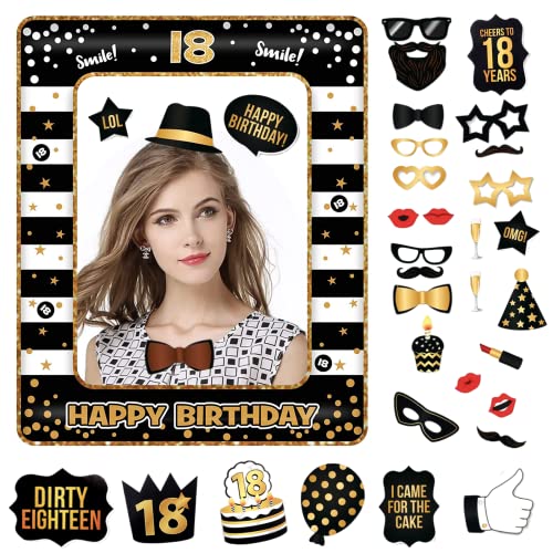 18.Geburtstag Deko Jungs Mädchen,Schwarzes Gold 18.Geburtstag Aufblasbarer Bilderrahmen & 33 Stück Foto Requisiten Party Foto Booth Props Fotobox Accessoires Geschenke für 18 Geburtstags Party Zubehör von POPOYU