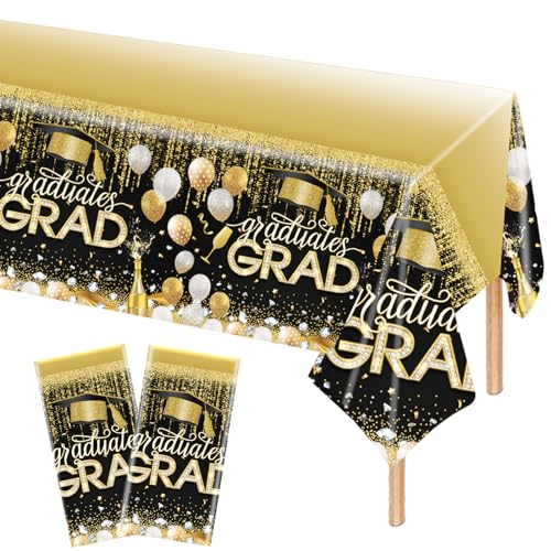 2 Stück Abschluss-Tischdecke,Kunststoff Rechteckige Congrats Grad Tischdecken für Abschluss Party Zubehör,wasserdichte Tischdecke für den Innen- und Außenbereich Esstisch(Schwarzes Gold) von POPOYU