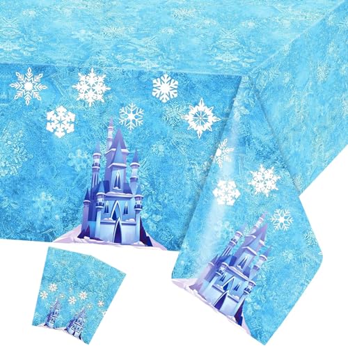 2 Stück Blaue Schneeflocke Tischdecke Rechteck Blaue Schloss wasserdichte Tischdecke für Frozen-Mottoparty 137 x 274cm Blaue Schloss Kunststoff Tischdecke für Weihnachten Urlaub Winter-Party-Zubehör von POPOYU