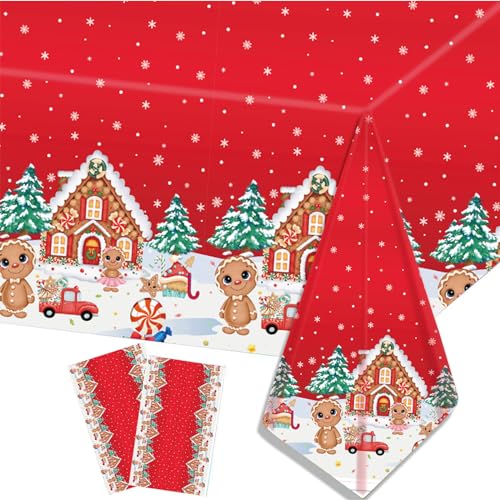 2 Stück Weihnachtstischdecke Rechteck Weihnachten wasserdichte Tischdecke für Tischdekorationen 137 x 274cm Xmas Rot Lebkuchenmann Kunststoff Tischdecke für Weihnachten Urlaub Winter-Party-Zubehör von POPOYU