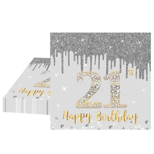 21 Geburtstag Servietten Party Deco für 21th Birthday, 20P Silber Gold 21. Geburtstag mit Goldschrift, 33X33 cm Silbergold Geburtstagsbesteck Papierservietten für Event, Geburtstagparty, Jubiläum 21 Geburtstag Servietten Party Deco für 21th Birthday, 20P Silber Gold 21. Geburtstag mit Goldschrift, 33X33 cm Silbergold Geburtstagsbesteck Papierservietten für Event, Geburtstagparty, Jubiläum von POPOYU
