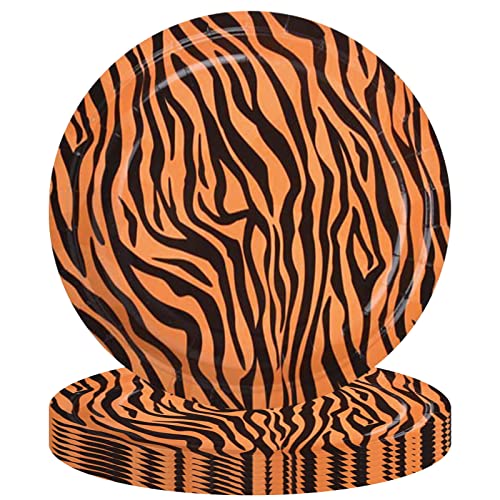 POPOYU 22,86 cm Tiger-Druck Party Teller 16 Stück Dschungel Tier Druck Pappteller für Babyparty Tiger Runde Pappteller Dinner Dessertteller für Dschungel Safari Geburtstag Party Dekorationen von POPOYU