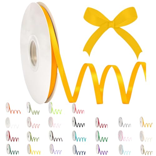POPOYU Satinband 6mm Goldgelb,Goldgelb Band 6mm Natur,91m Dünn Geschenkband,Geschenkband und Schleifen für Geschenken,Bastelarbeiten,Haare,Ostern,Weihnachten,Hochzeit,Luftballons von POPOYU
