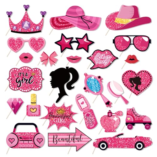 25 Stück Hot Pink Mädchen Photo Booth Requisiten,Let's Go Party Foto Requisiten,Prinzessin Puppe Thema Deko Geburtstag Mädchen,Rosa Mädchen Photobox Accessoires für Geburtstag Bachelorette Party Deko von POPOYU
