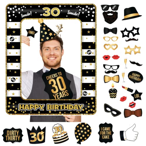 30.Geburtstag Deko Jungs Mädchen,Schwarzes Gold 30.Geburtstag Aufblasbarer Bilderrahmen & 33 Stück Foto Requisiten Party Foto Booth Props Fotobox Accessoires Geschenke für 30 Geburtstags Party Zubehör von POPOYU