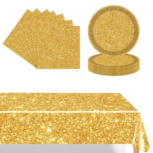 37-teiligesGold Geschirr-Set, Pastellblau, wasserdichte Kunststoff-Tischdecke, Pappteller, 17,8 cm, Servietten, Geschirr von POPOYU