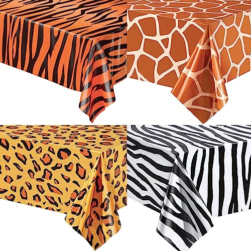 4-teilige Dschungel Safari Einweg-Tischdecke,137 x 274cm Leoparddruck Tigerdruck Zebradruck Giraffedruck Plastik Tischdecke,Wasserdicht Tisch Cover für Geburtstag Dschungel-Safari-Motto-Partyzubehör von POPOYU