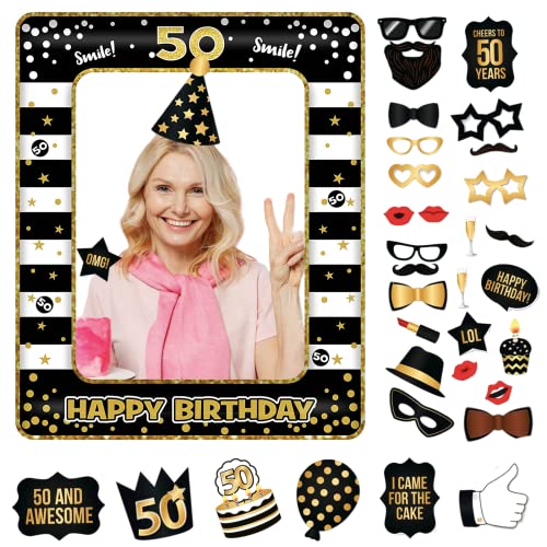 50.Geburtstag Deko Männer Frauen,Schwarzes Gold 50.Geburtstag Aufblasbarer Bilderrahmen & 33 Stück Foto Requisiten Party Foto Booth Props Fotobox Accessoires Geschenke für 50 Geburtstags Party Zubehör von POPOYU