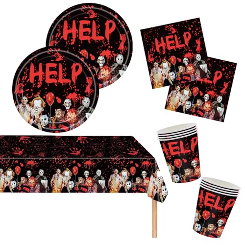 53 Stück Halloween Partygeschirr Set (Pappteller, Servietten, Tassen, Tischtücher 130 x 220cm),Halloween Party Geschirr Kinder,Halloween Kürbis Tischdecke,Halloween Partyzubehör Dekoration von POPOYU
