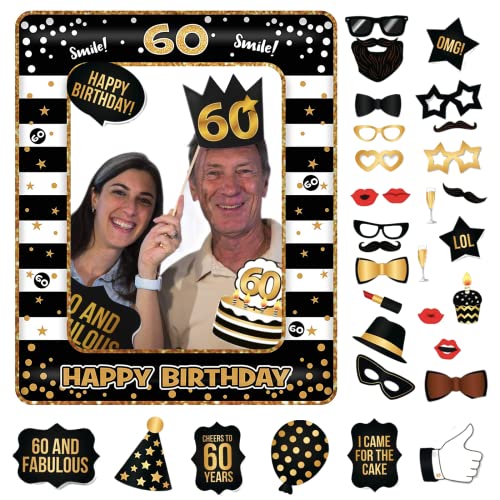 60.Geburtstag Deko Männer Frauen,Schwarzes Gold 60.Geburtstag Aufblasbarer Bilderrahmen & 33 Stück Foto Requisiten Party Foto Booth Props Fotobox Accessoires Geschenke für 60 Geburtstags Party Zubehör von POPOYU