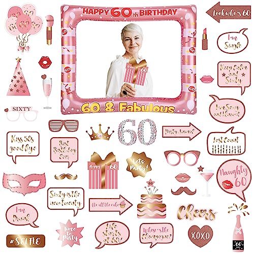 60.Geburtstag Deko Männer Frauen,Roségold 60.Geburtstag Aufblasbarer Bilderrahmen & 40 Stück Foto Requisiten Party Foto Booth Props Fotobox Accessoires Geschenke für 60 Geburtstags Party Zubehör von POPOYU