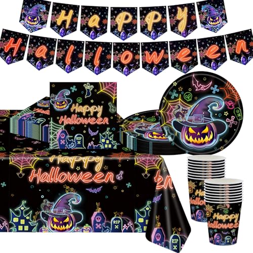 68 Stück Partygeschirr Halloween Set, Halloween Geschirr Wiederverwendbares, Pappteller Papier Servietten Tischdecke Ballon Girlande für Halloween Kinder Tischtücher Tischdeko Partyzubehör Dekoration von POPOYU