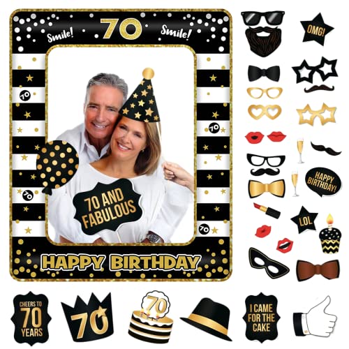 70.Geburtstag Deko Männer Frauen,Schwarzes Gold 70.Geburtstag Aufblasbarer Bilderrahmen & 33 Stück Foto Requisiten Party Foto Booth Props Fotobox Accessoires Geschenke für 70 Geburtstags Party Zubehör von POPOYU