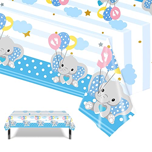 Blaue Elefanten Tischdecke für Babyparty - 54 x 108 Zoll Rechteckige Plastik Wasserdichte Tischabdeckung für Jungen, Mädchen und Geschlechtsoffenbarungsfeier von POPOYU