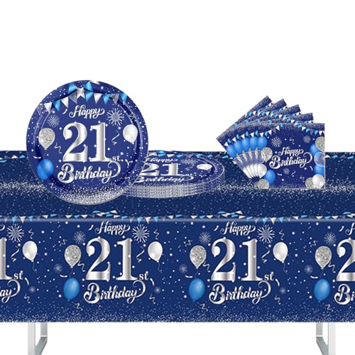 37 Stück Blau Silber Partygeschirr Set, 21. Geburtstag Party Geschirr Pappteller Set, Tischdeko Geburtstag Mädchen Junge mit Tischdecken Pappteller Servietten Pappgeschirrfür Geburtstagsdeko Party von POPOYU
