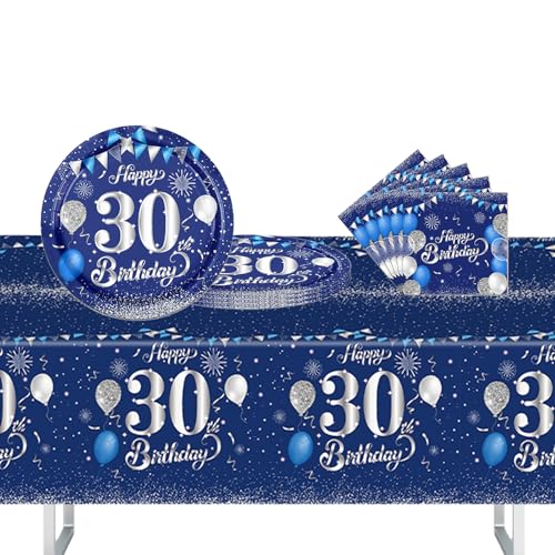 37 Stück Blau Silber Partygeschirr Set, 30. Geburtstag Party Geschirr Pappteller Set, Tischdeko Geburtstag Mädchen Junge mit Tischdecken Pappteller Servietten Pappgeschirrfür Geburtstagsdeko Party von POPOYU