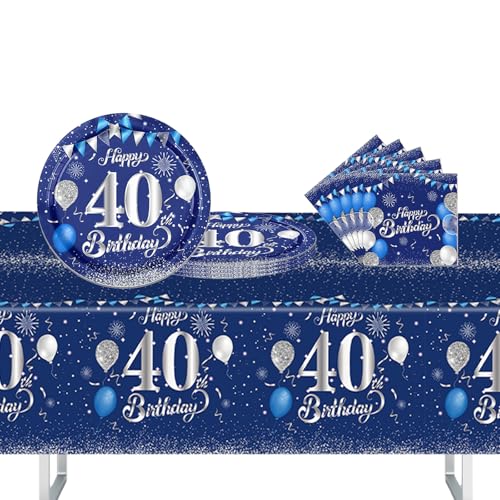 37 Stück Blau Silber Partygeschirr Set, 40. Geburtstag Party Geschirr Pappteller Set, Tischdeko Geburtstag Mädchen Junge mit Tischdecken Pappteller Servietten Pappgeschirrfür Geburtstagsdeko Party von POPOYU
