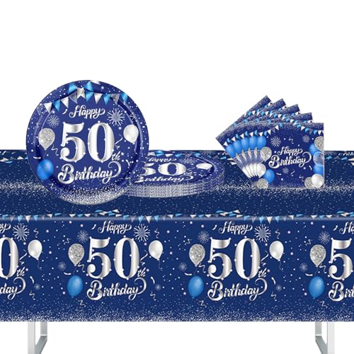37 Stück Blau Silber Partygeschirr Set, 50. Geburtstag Party Geschirr Pappteller Set, Tischdeko Geburtstag Mädchen Junge mit Tischdecken Pappteller Servietten Pappgeschirrfür Geburtstagsdeko Party von POPOYU