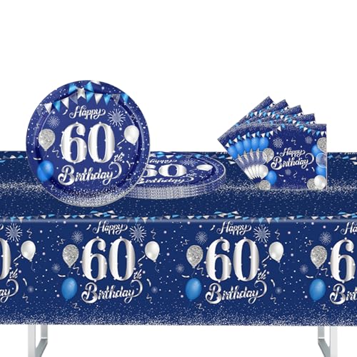 37 Stück Blau Silber Partygeschirr Set, 60. Geburtstag Party Geschirr Pappteller Set, Tischdeko Geburtstag Mädchen Junge mit Tischdecken Pappteller Servietten Pappgeschirrfür Geburtstagsdeko Party von POPOYU