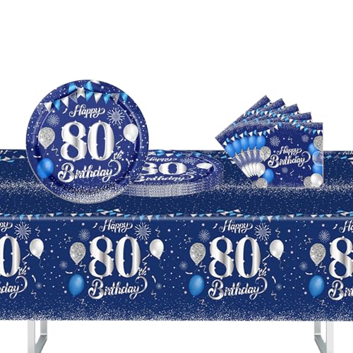 37 Stück Blau Silber Partygeschirr Set, 80. Geburtstag Party Geschirr Pappteller Set, Tischdeko Geburtstag Mädchen Junge mit Tischdecken Pappteller Servietten Pappgeschirrfür Geburtstagsdeko Party von POPOYU
