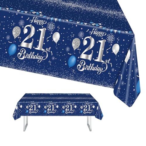 Tischdecke 21 Geburtstag, Happy Birthday Tischdecke Blau Silber Tischdeko Deko 21. Geburtstag für Mädchen Junge, 137*274cm Rechteck Wasserdicht Tischdecke für Alles Gute 21. Geburtstag Tablecloth von POPOYU
