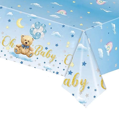 POPOYU 54 x 108 Zoll Blaue Babyparty Tischdecke,Willkommen Baby Jungen Tischdecke,Baby Shower Boy Tischdecken,Blue Teddybär Kunststoff Rechteckige Tischdecken für Teddybär Party Baby Shower Dekoration von POPOYU