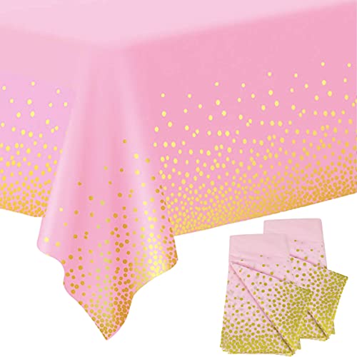 Einweg-Tischdecke mit rosa und goldfarbenen Punkten, 137,2 x 274,3 cm, groß, Kunststoff, wasserdicht, rechteckige Tischdecke für Geburtstag, Babyparty, Hochzeit, Picknick, Party-Dekoration, 2 Stück von POPOYU