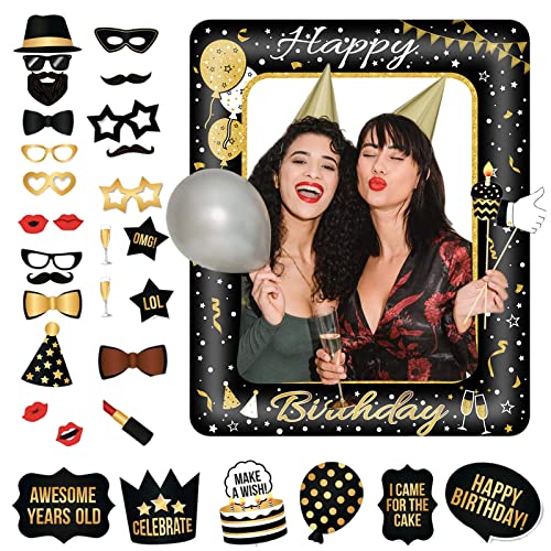 Geburtstag Deko Jungs Mädchen,Schwarzes Gold Geburtstag Aufblasbarer Bilderrahmen & 33 Stück Foto Requisiten Party Foto Booth Props Fotobox Accessoires Geschenke für Geburtstags Party Zubehör von POPOYU