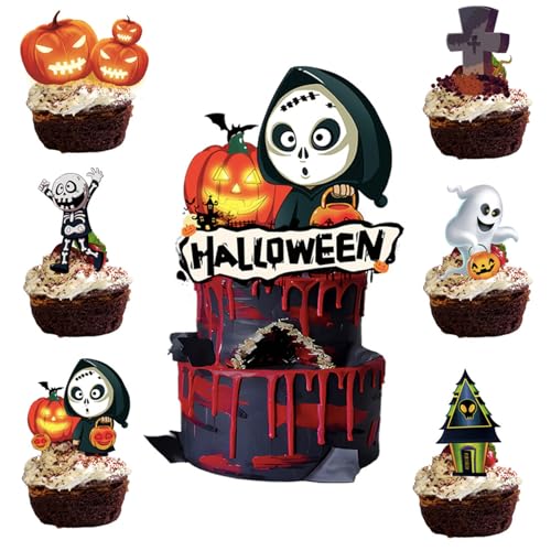 Halloween Cupcake Topper, 25 Stück Tortendeko, Kuchendekoration Muffins Ghost Spinne Fledermaus Kürbis Dessert Deko für Kinder Party von POPOYU
