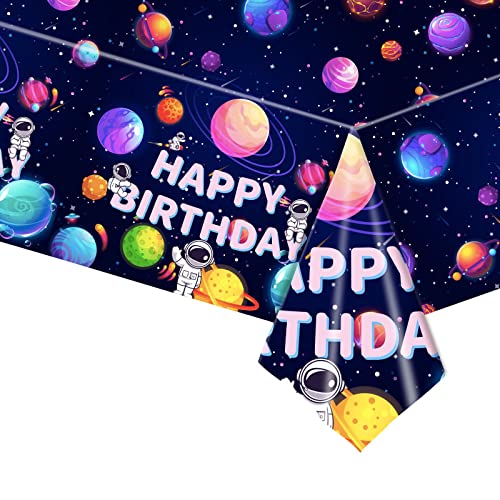 Happy Birthday Tischdecke, Blaue Party Tischdecke,Einweg Tischdecke für Astronauten Jungen,137 x 274 cm Einweg Tischdecke, Rechteckige Party Tischdecke,Große Kunststoff Tischdecke für Geburtstagsparty von POPOYU