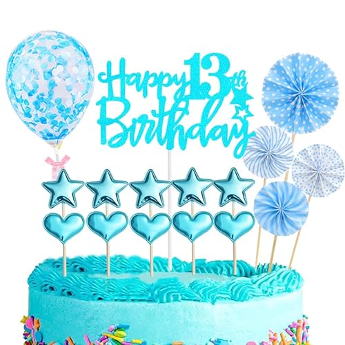 Tortendeko 13 Geburtstag Mädchen Junge,16 Stück Glitzer 13. Geburtstagstorte Topper,Blau Cake Topper Deko 13 Geburtstag,Happy 13th Birthday Kuchendeko Luftballons für 13. Geburtstag Party Kuchen Deko von POPOYU