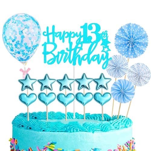 POPOYU 16-stück Kuchendeko für 13. Geburtstag, Happy 13th Birthday Cake Toppers, Blau von POPOYU