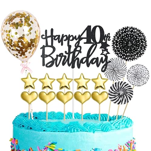 Tortendeko 40 Geburtstag Frau Mann,16 Stück Glitzer 40. Geburtstagstorte Topper,Schwarzes Gold Cake Topper Deko 40 Geburtstag,Happy 40th Birthday Kuchendeko,für 40. Geburtstag Party Kuchen Deko von POPOYU