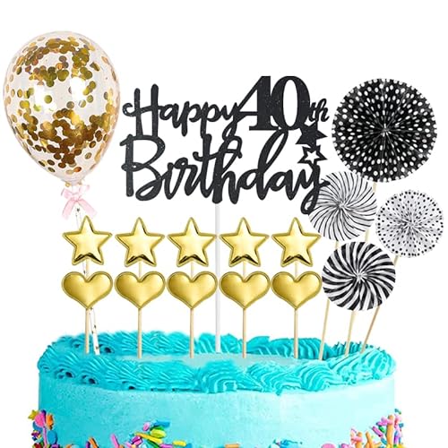 Tortendeko 40 Geburtstag Frau Mann,16 Stück Glitzer 40. Geburtstagstorte Topper,Schwarzes Gold Cake Topper Deko 40 Geburtstag,Happy 40th Birthday Kuchendeko,für 40. Geburtstag Party Kuchen Deko von POPOYU
