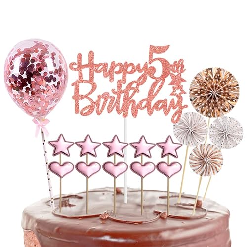 Tortendeko 5 Geburtstag Mädchen,16 Stück Glitzer 5. Geburtstagstorte Topper,Roségold Cake Topper Deko 5 Geburtstag,Happy 5th Birthday Kuchendeko Luftballons für 5. Geburtstag Party Kuchen Deko von POPOYU