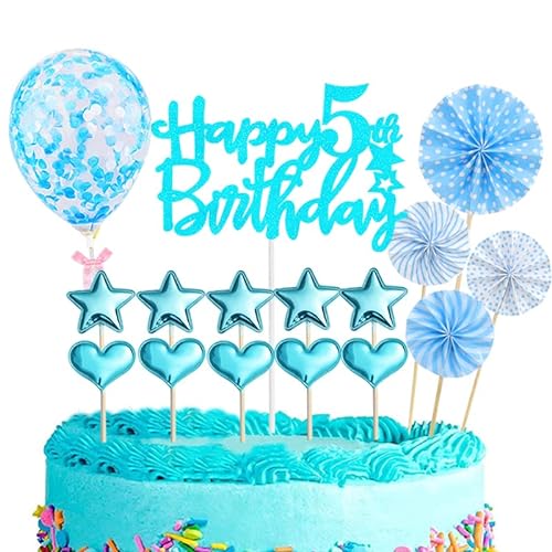 Tortendeko 5 Geburtstag Mädchen Junge,16 Stück Glitzer 5. Geburtstagstorte Topper,Blau Cake Topper Deko 5 Geburtstag,Happy 5th Birthday Kuchendeko Luftballons für 5. Geburtstag Party Kuchen Deko von POPOYU