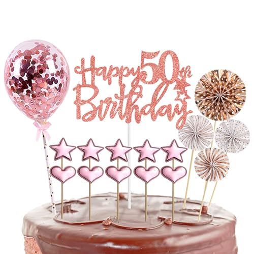 Tortendeko 50 Geburtstag Frau,16 Stück Glitzer 50. Geburtstagstorte Topper,Roségold Cake Topper Deko 50 Geburtstag,Happy 50th Birthday Kuchendeko Luftballons für 50. Geburtstag Party Kuchen Deko von POPOYU