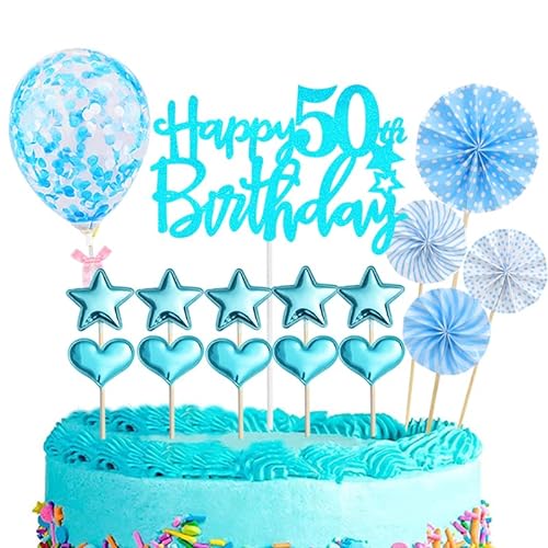 Tortendeko 50 Geburtstag Frau Mann,16 Stück Glitzer 50. Geburtstagstorte Topper,Blau Cake Topper Deko 50 Geburtstag,Happy 50th Birthday Kuchendeko Luftballons für 50. Geburtstag Party Kuchen Deko von POPOYU