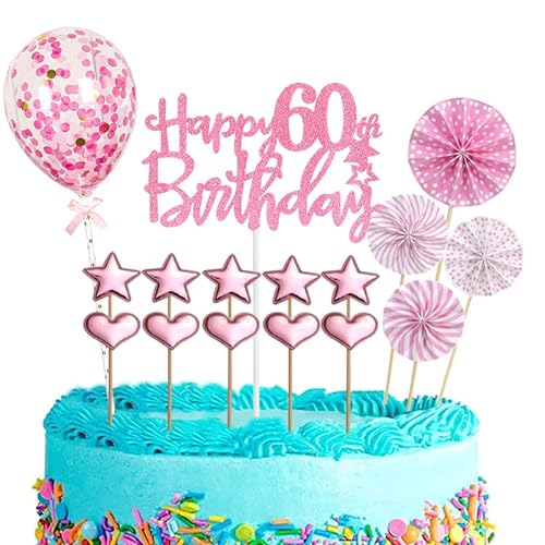 Tortendeko 60 Geburtstag Frau,16 Stück Glitzer 60. Geburtstagstorte Topper,Rosa Cake Topper Deko 60 Geburtstag,Happy 60th Birthday Kuchendeko Luftballons für 60. Geburtstag Party Kuchen Deko von POPOYU