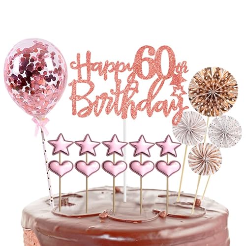 Tortendeko 60 Geburtstag Frau,16 Stück Glitzer 60. Geburtstagstorte Topper,Roségold Cake Topper Deko 60 Geburtstag,Happy 60th Birthday Kuchendeko Luftballons für 60. Geburtstag Party Kuchen Deko von POPOYU