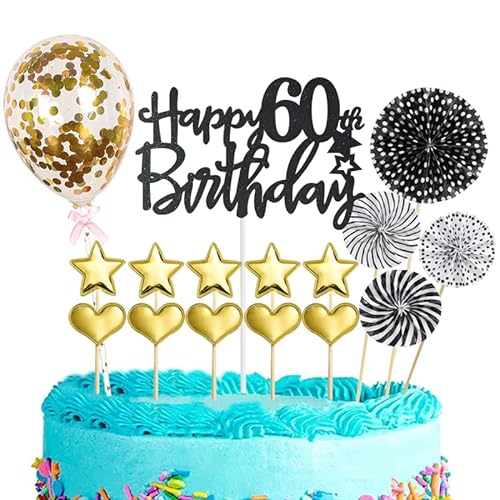 Tortendeko 60 Geburtstag Frau Mann,16 Stück Glitzer 60. Geburtstagstorte Topper,Schwarzes Gold Cake Topper Deko 60 Geburtstag,Happy 60th Birthday Kuchendeko,für 60. Geburtstag Party Kuchen Deko von POPOYU