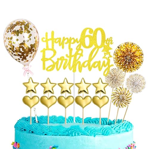 Tortendeko 60 Geburtstag Frau Mann,16 Stück Glitzer 60. Geburtstagstorte Topper,Gold Cake Topper Deko 60 Geburtstag,Happy 60th Birthday Kuchendeko Luftballons für 60. Geburtstag Party Kuchen Deko von POPOYU