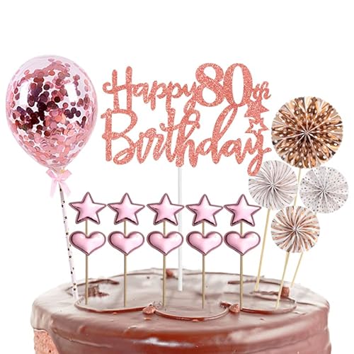 Tortendeko 80 Geburtstag Frau,16 Stück Glitzer 80. Geburtstagstorte Topper,Roségold Cake Topper Deko 80 Geburtstag,Happy 80th Birthday Kuchendeko Luftballons für 80. Geburtstag Party Kuchen Deko von POPOYU